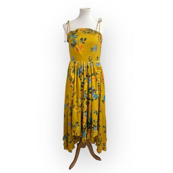 Anthropologie Maeve Midi Maxi High-Low Ruffle Dress, gold yellow Floral sundress - Picture 7 of 15